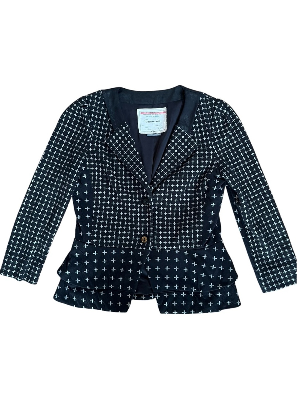 Cartonnier Anthropologie Cross Pattern Artsy Ruffle Single Breasted Brown Blazer